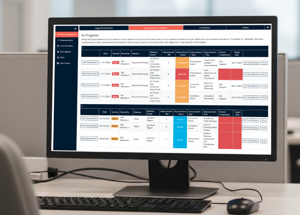 management of non conformance on screen