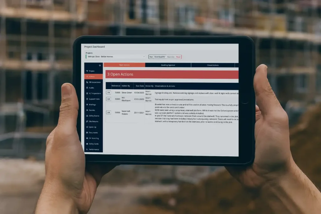 Construction open action screen on tablet computer