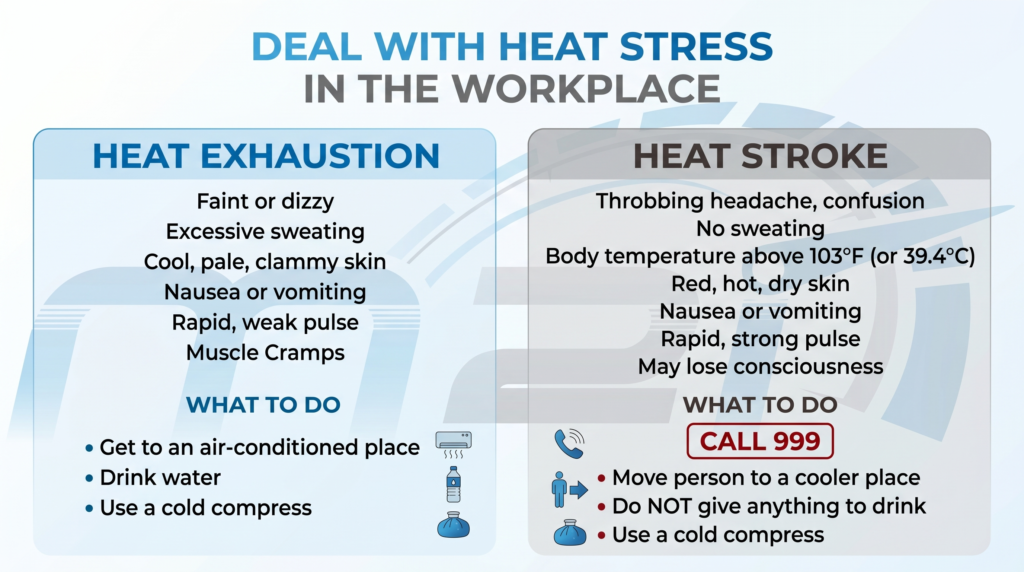 heat stress, heat exhaustion and heat stroke graphic